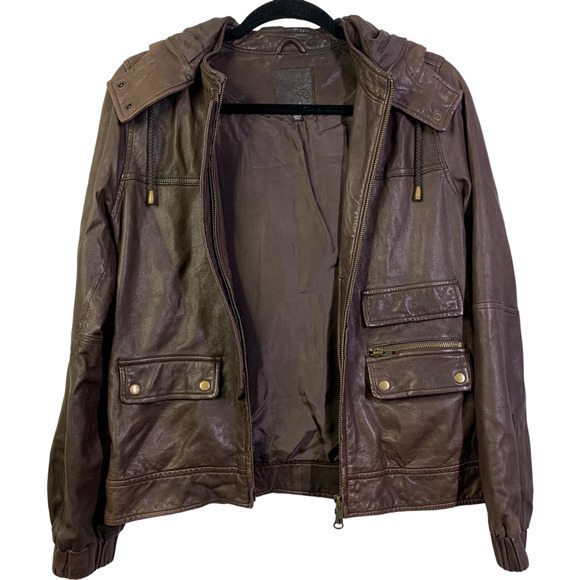 JOIE Brown Genuine Leather Hooded Bomber Jacket - Picture 7 of 11